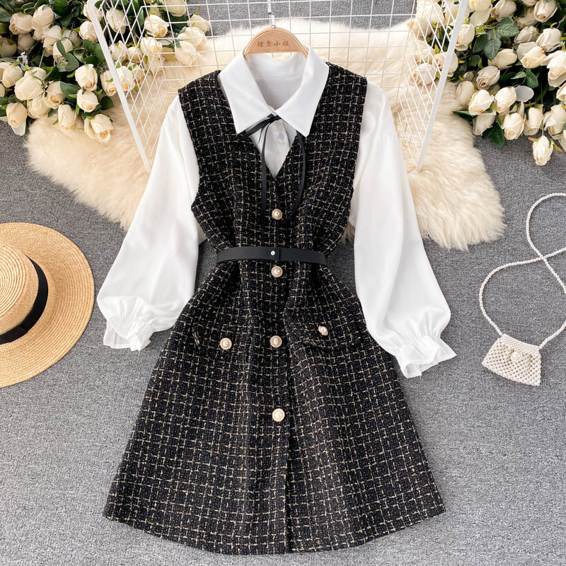 Two-piece Puff Sleeve Shirt Houndstooth Dress