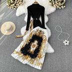 Black Sweater&Printed Pleated Skirt 2Pcs