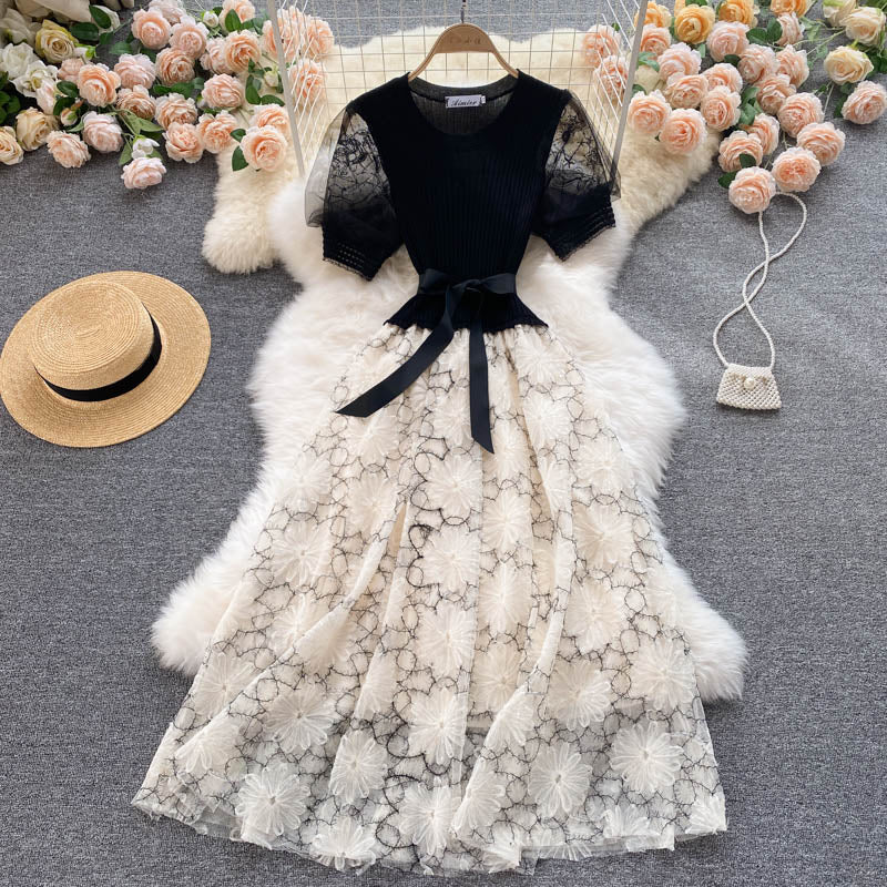 Embroidered Mesh Stitching Knitted Dress