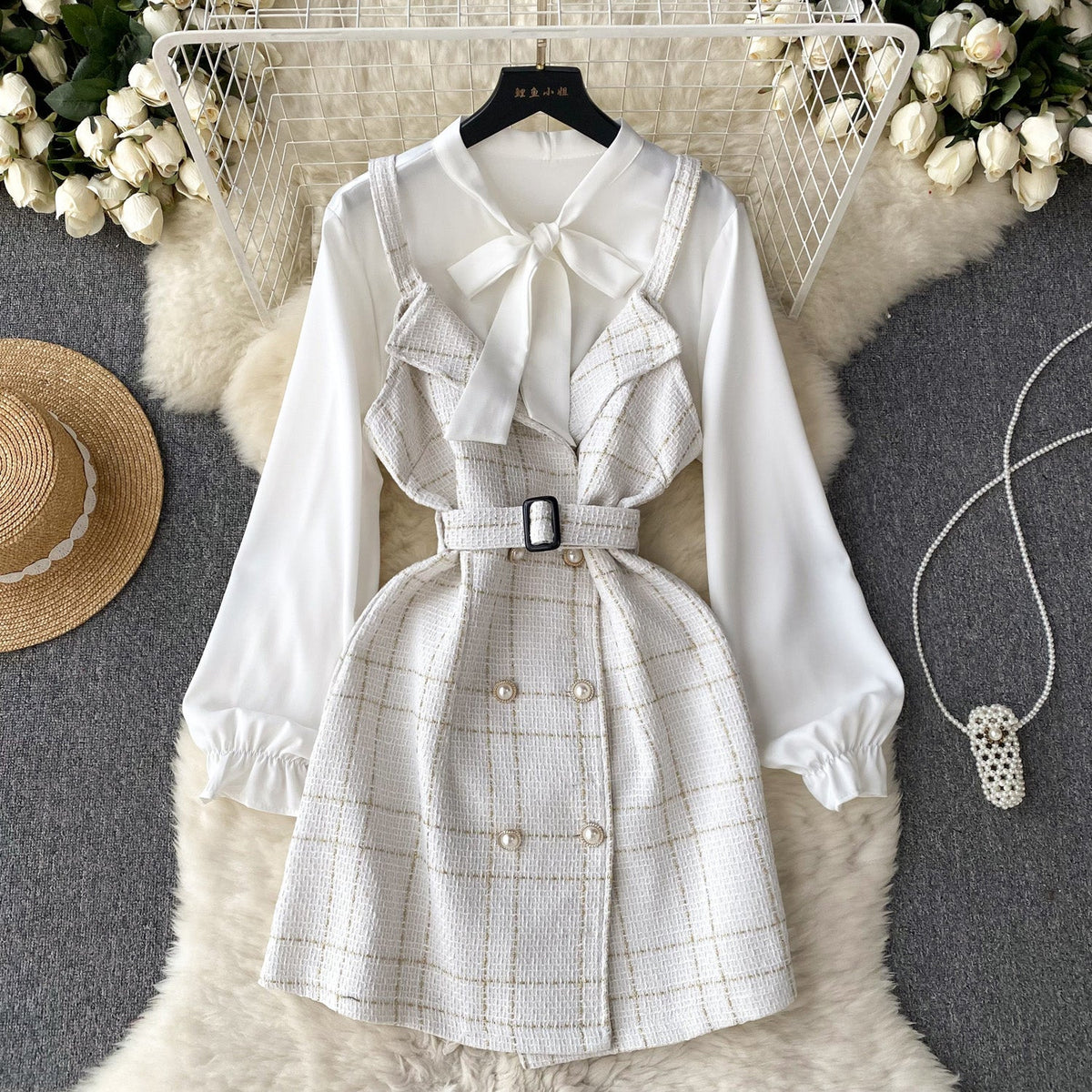 Bow-tie Plaid Dress&Skirt 2Pcs