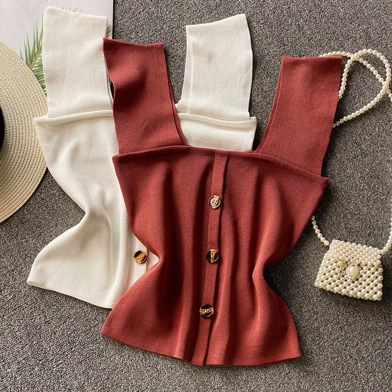 Thin Sleeveless Knit Top With Wide Straps