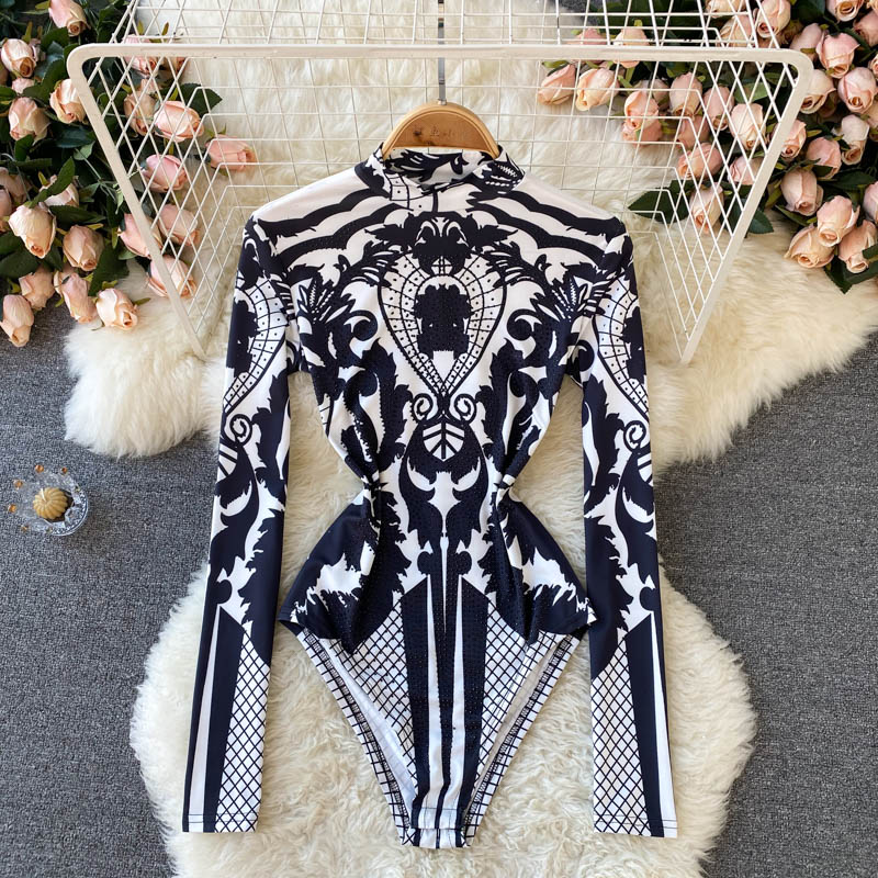 Printed Stand Collar Bottoming Bodysuit
