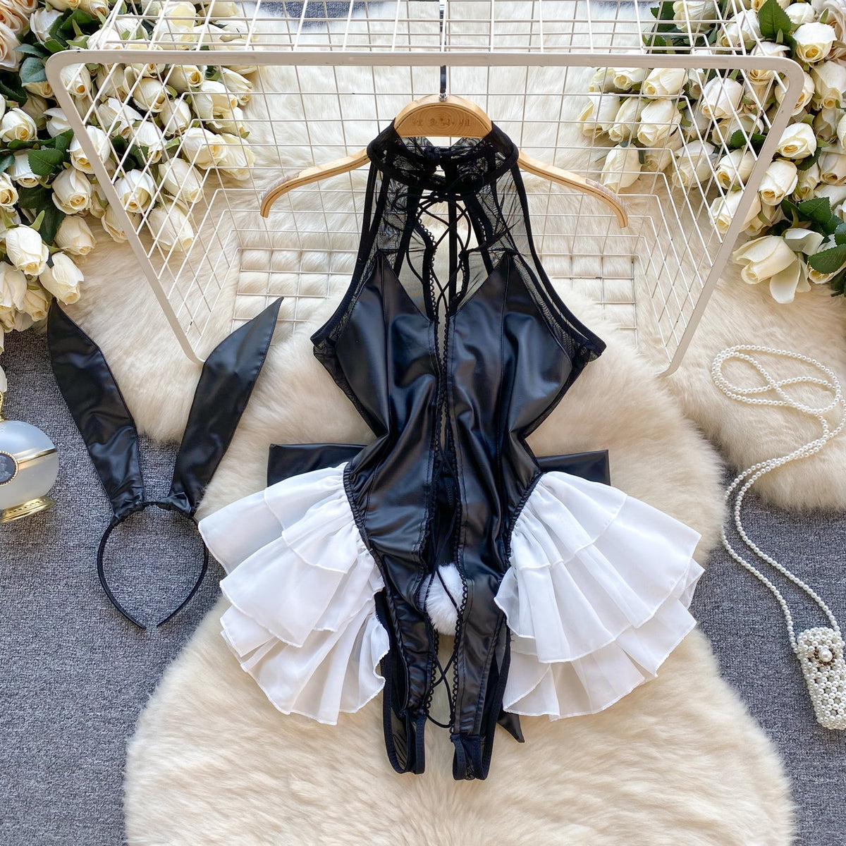 Hollowed Color Blocking Halter Lingerie