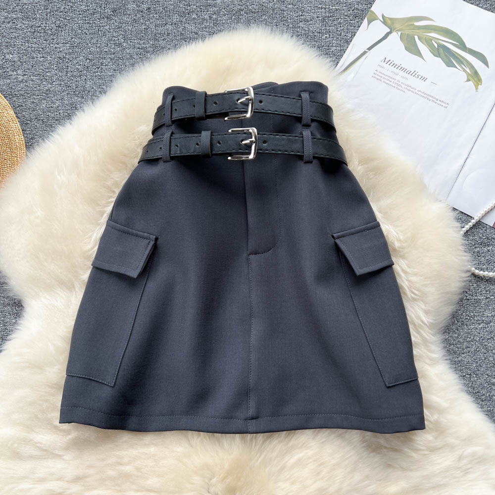 Twin Belt High Waist Suit Skirt