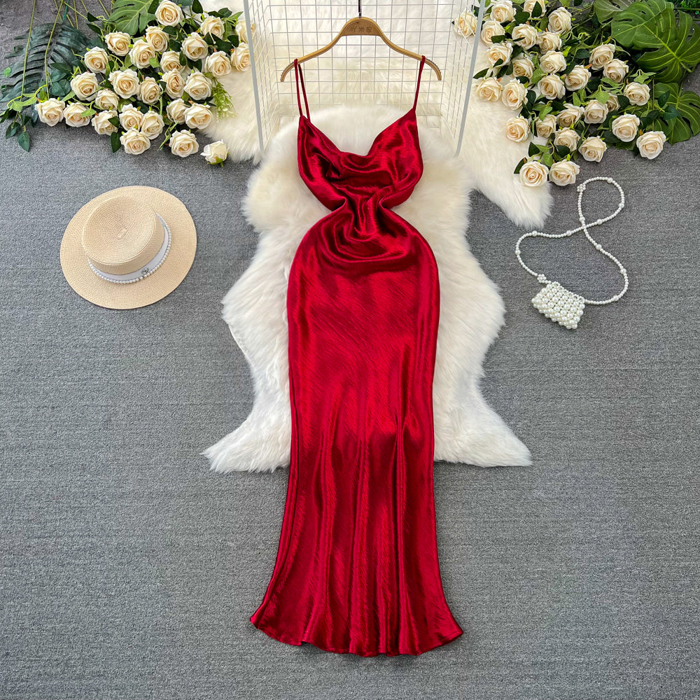 Vintage Draped Glossy Red Slip Dress