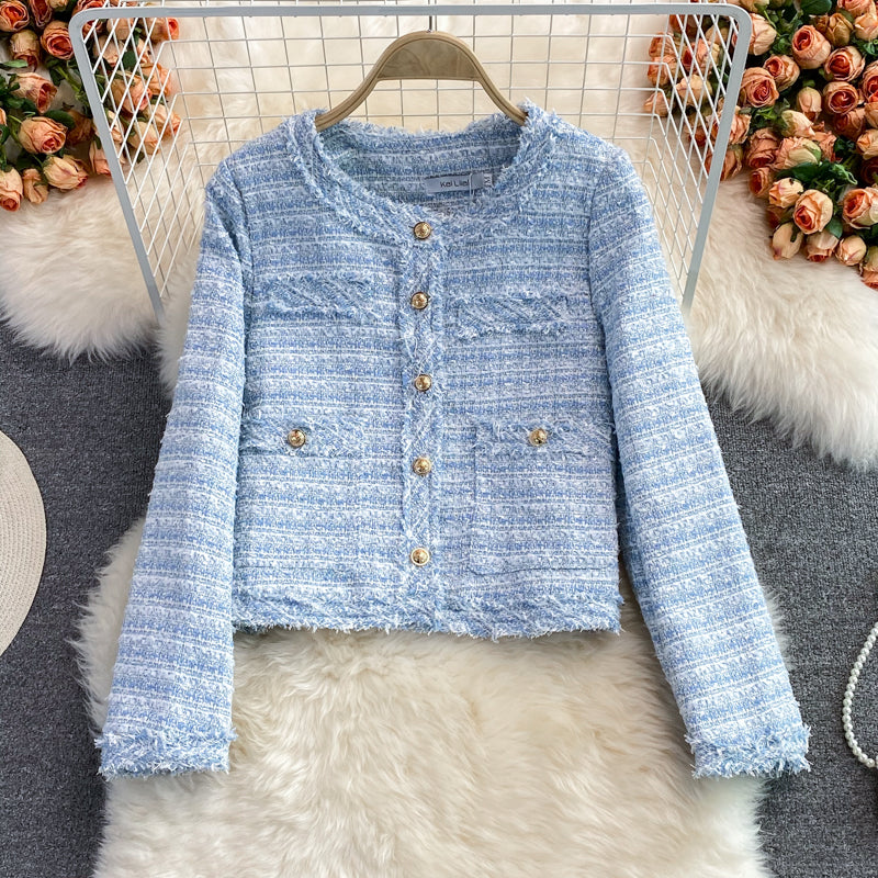 French Vintage Round Neck Braided Tweed Jacket