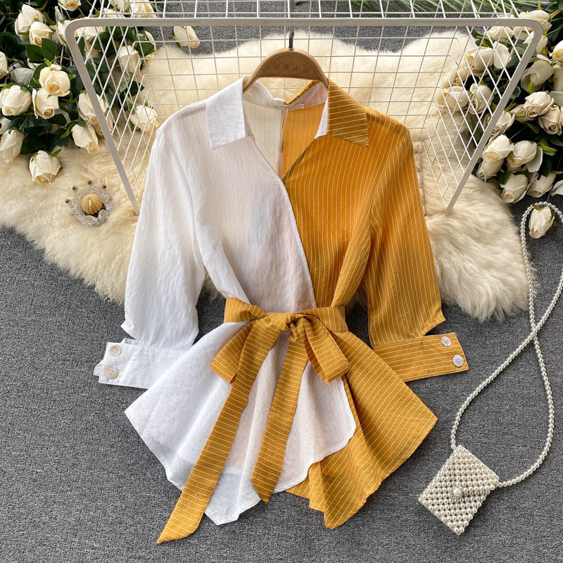 Striped Irregular Lotus Leaf Swing Lace Top