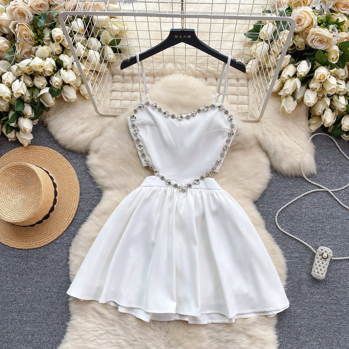Rhinestone Studded Pleated Slip Dress