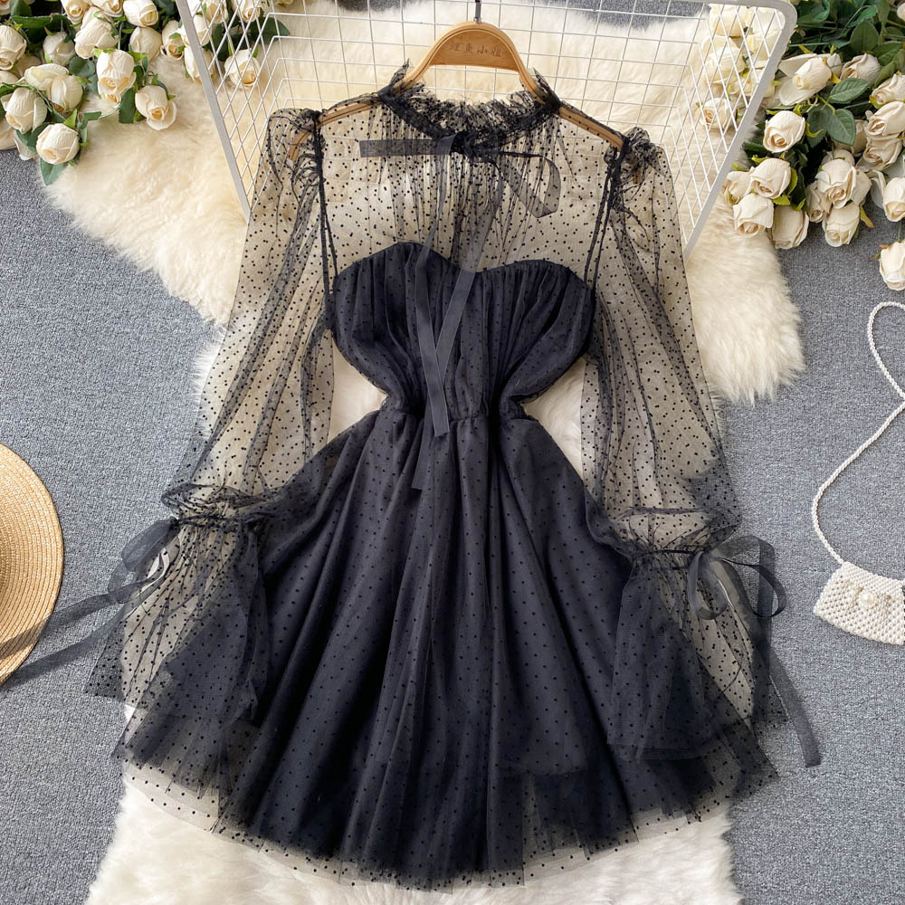 Mesh Polka Dot A-Line Waist Puff Skirt