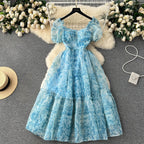 Bubble-sleeve Floral Organza Puffy Dress