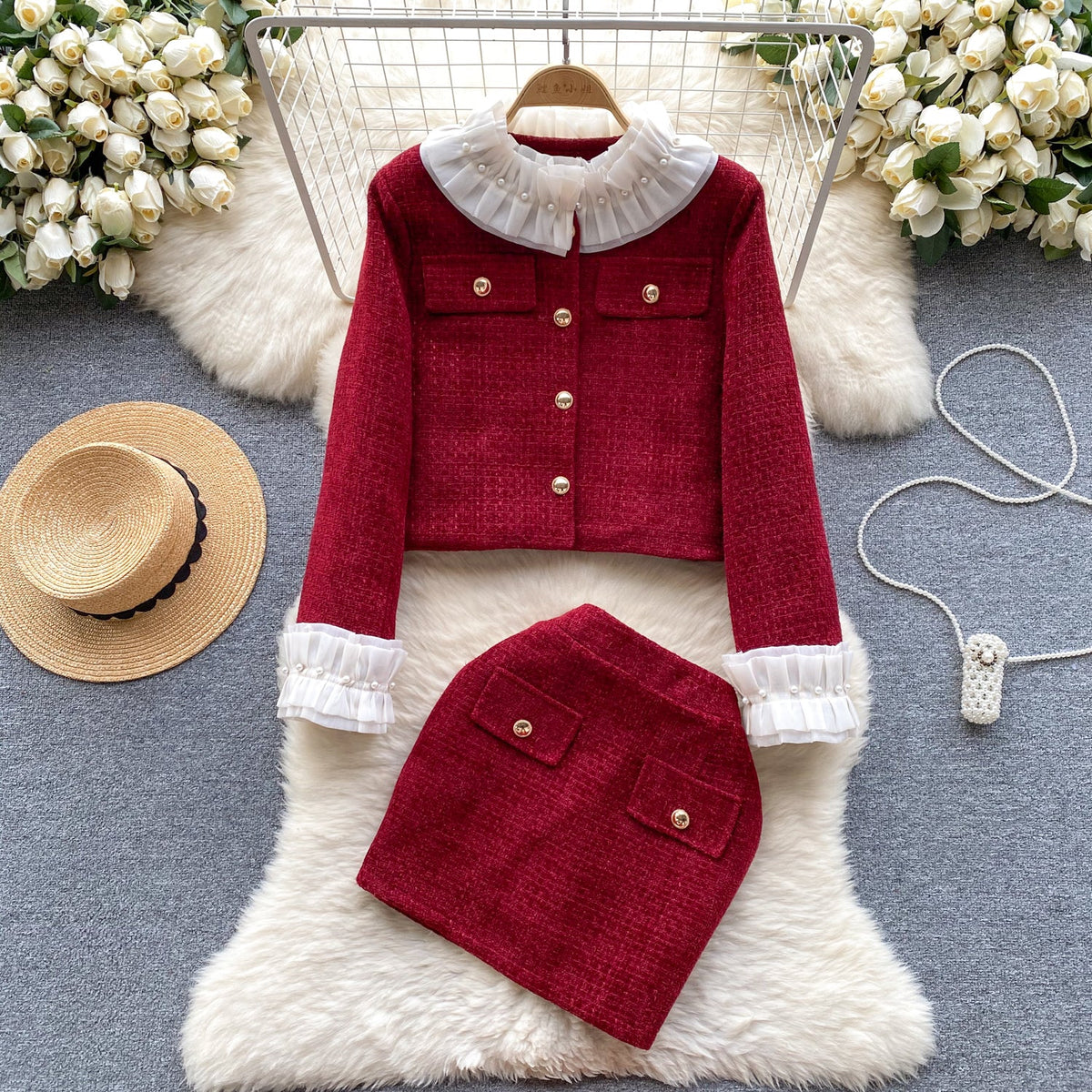 Lace Collar Camisole&Skirt 2Pcs