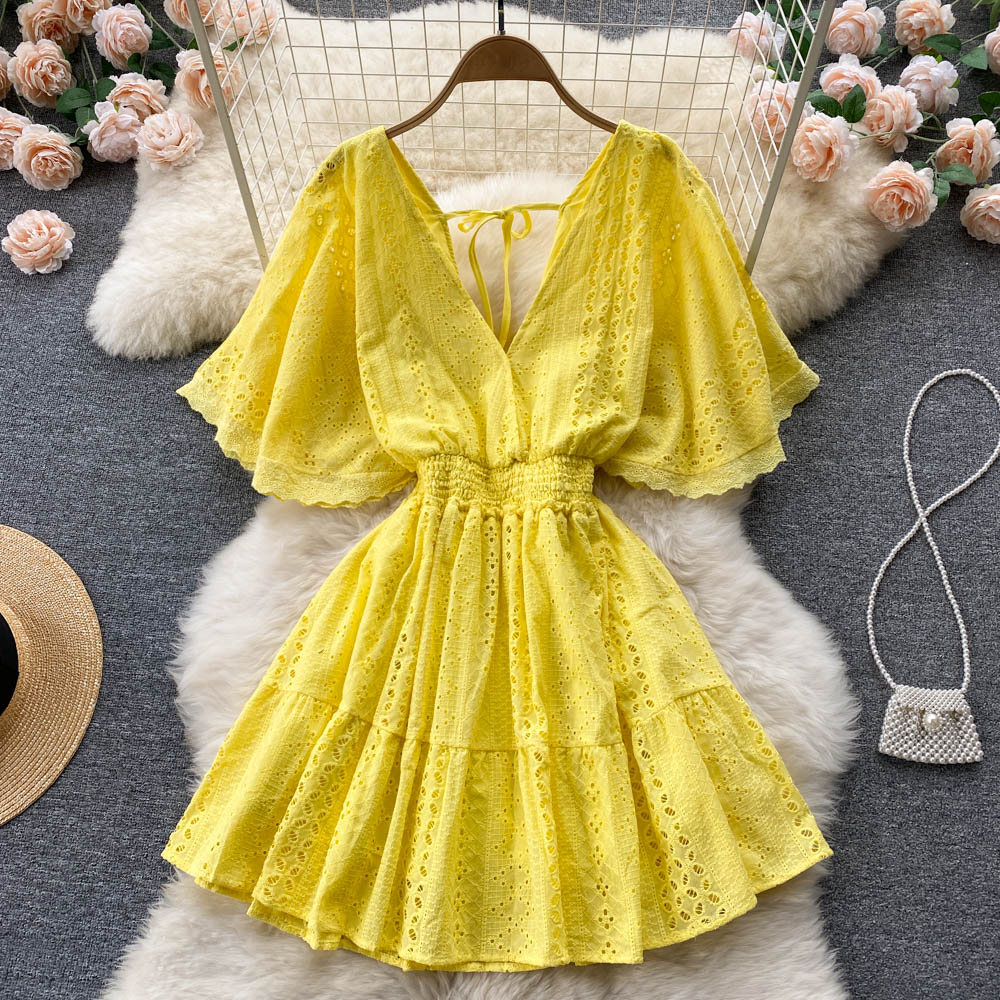 Cut-out Hollowed Puff Sleeve Dress