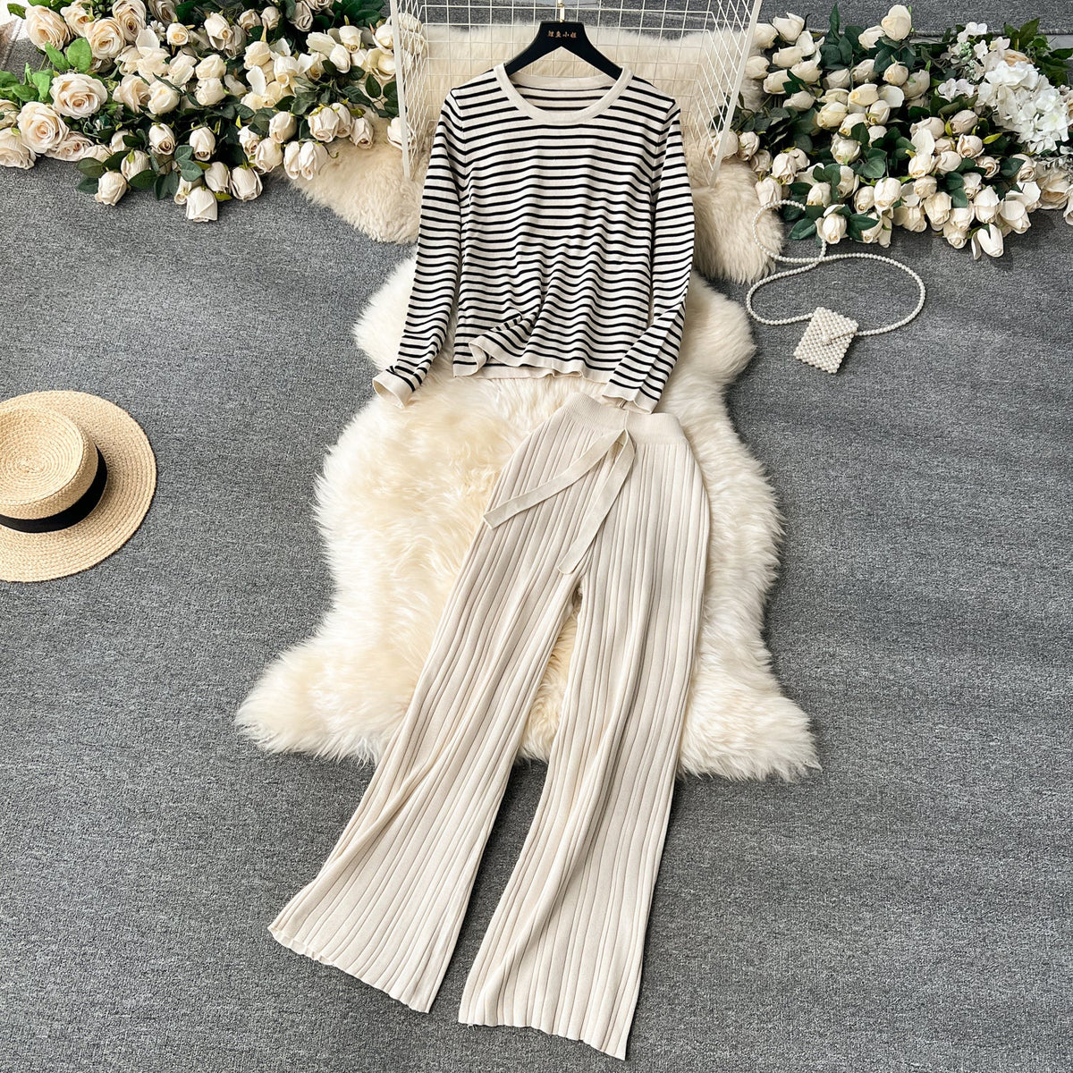 Striped Sweater&Draped Trousers Knitted 2Pcs