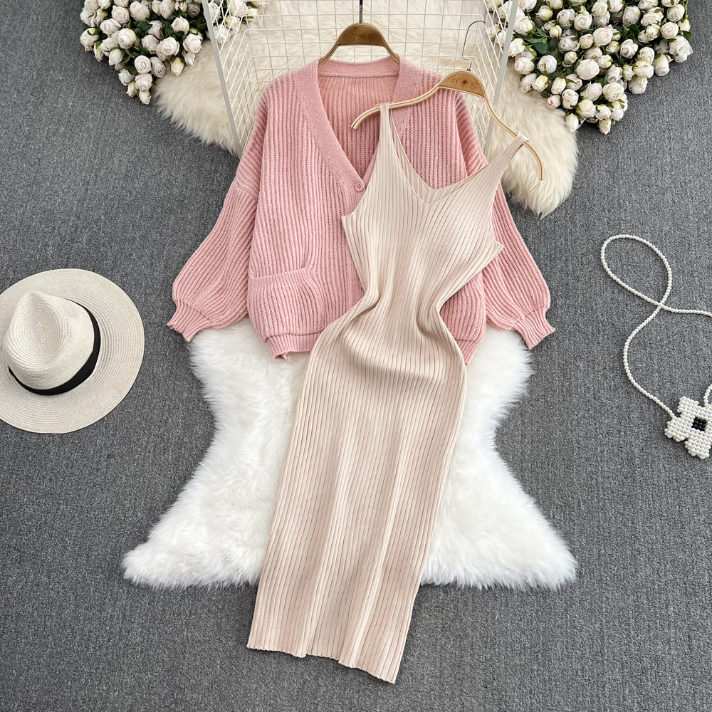 Loose Cardigan&Slip Dress Knitted 2Pcs
