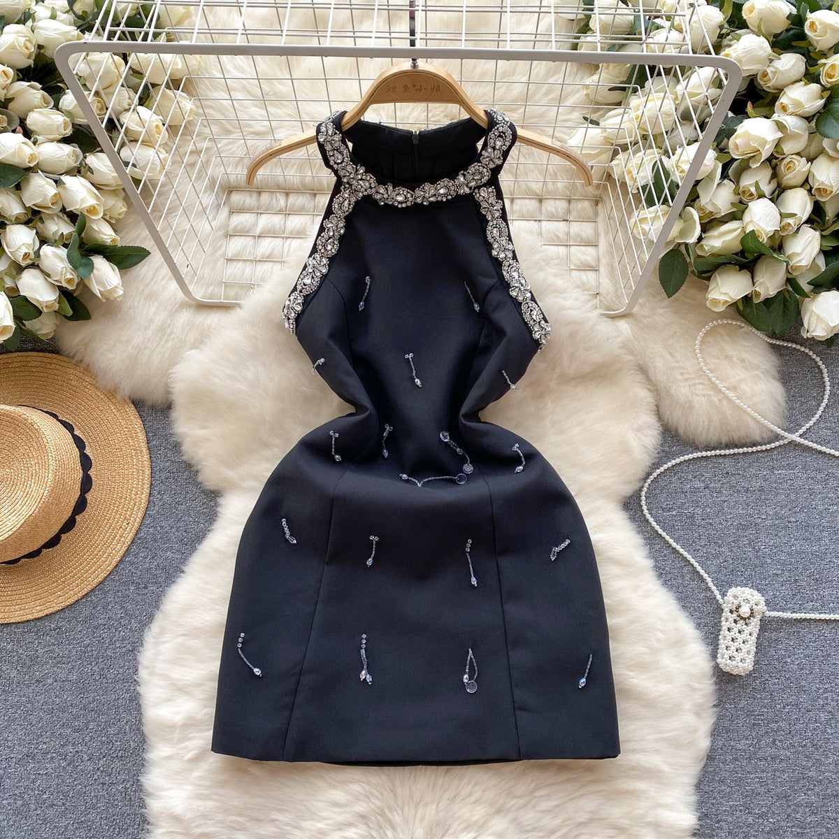 Beaded Tassel Sleeveless Halter Dress