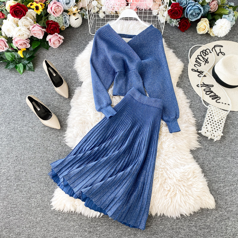 Two-piece Bright Silk Knitted Sweater + Skirt