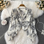 V-neck Flared-sleeve Floral Shirt