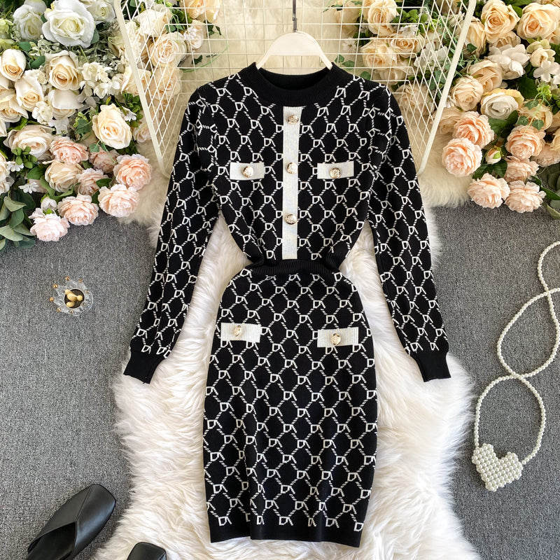 Checked Round Neck Waist Knit Dress