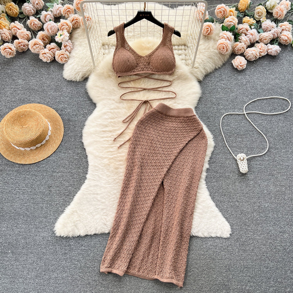 Lace-up Camisole&Split Skirt Knitted 2Pcs