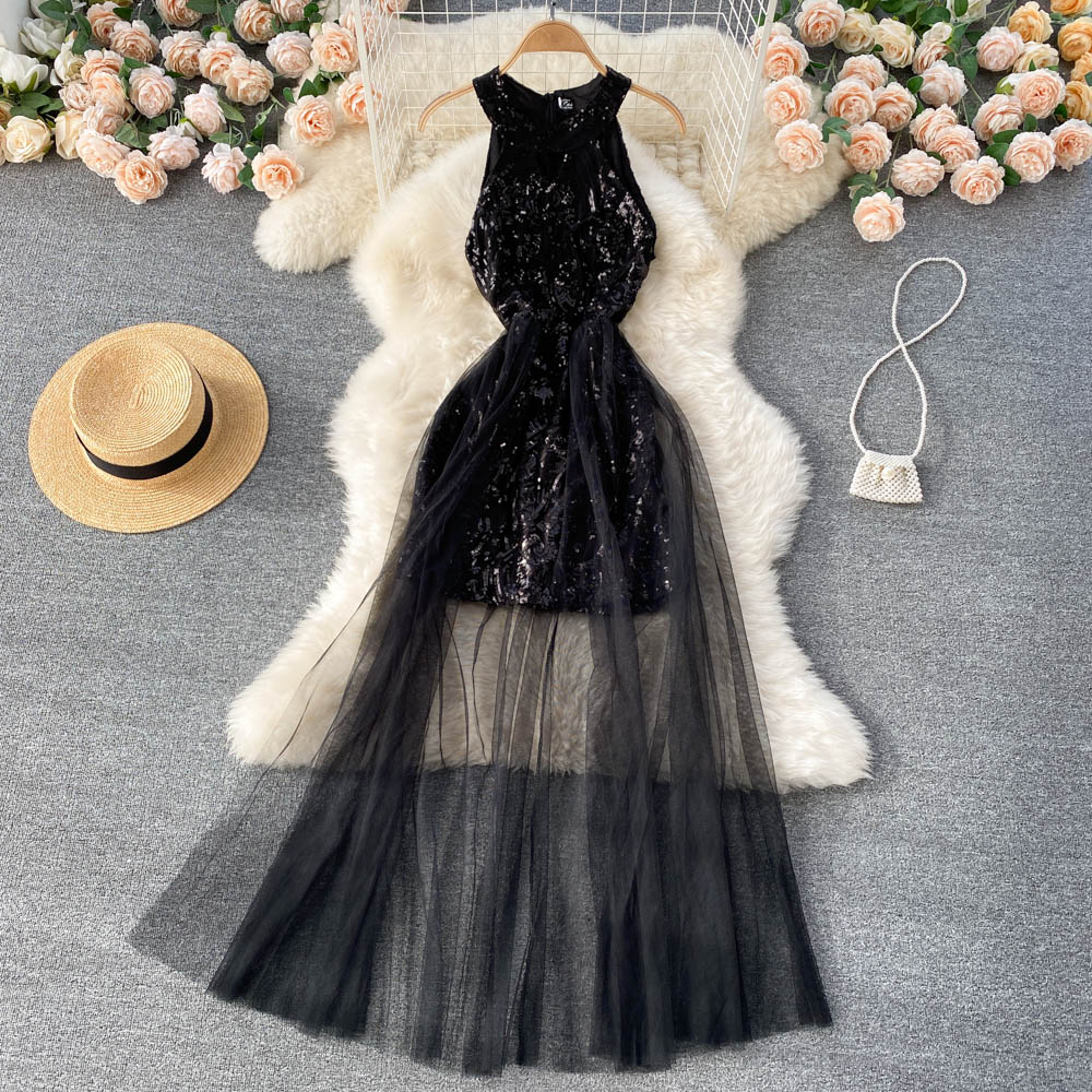 Off-the-shoulder Sequined Mesh Dress