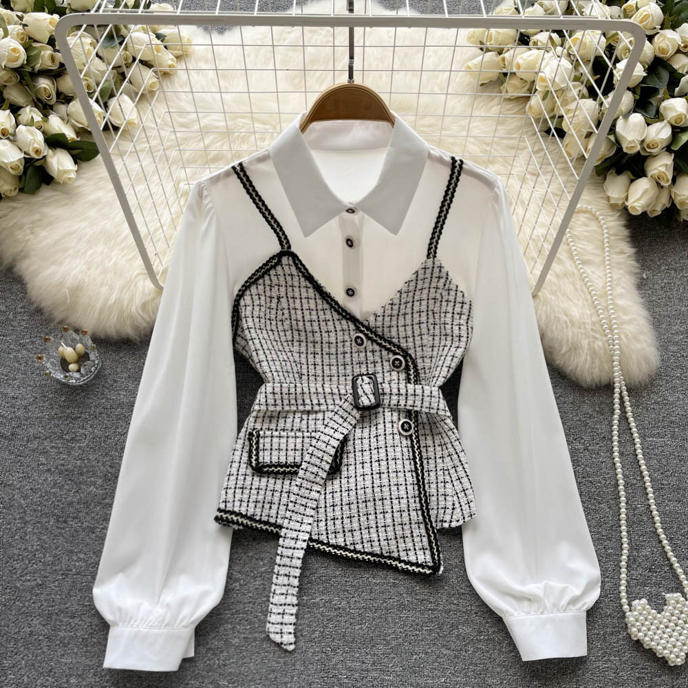 Houndstooth-paneled Long Sleeve Shirt