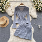 V-neck Cardigan&Pleated Skirt Knitted 2Pcs
