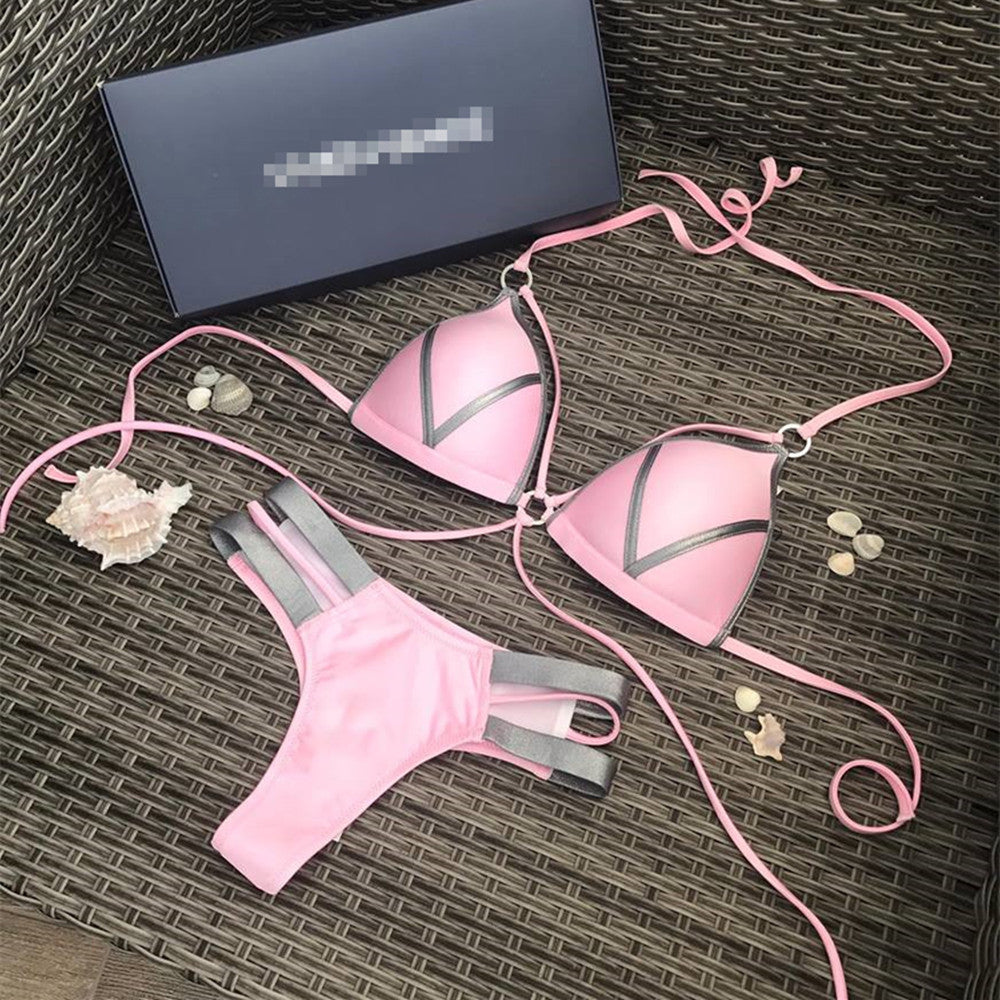 Stamping Patchwork Strappy Bikini
