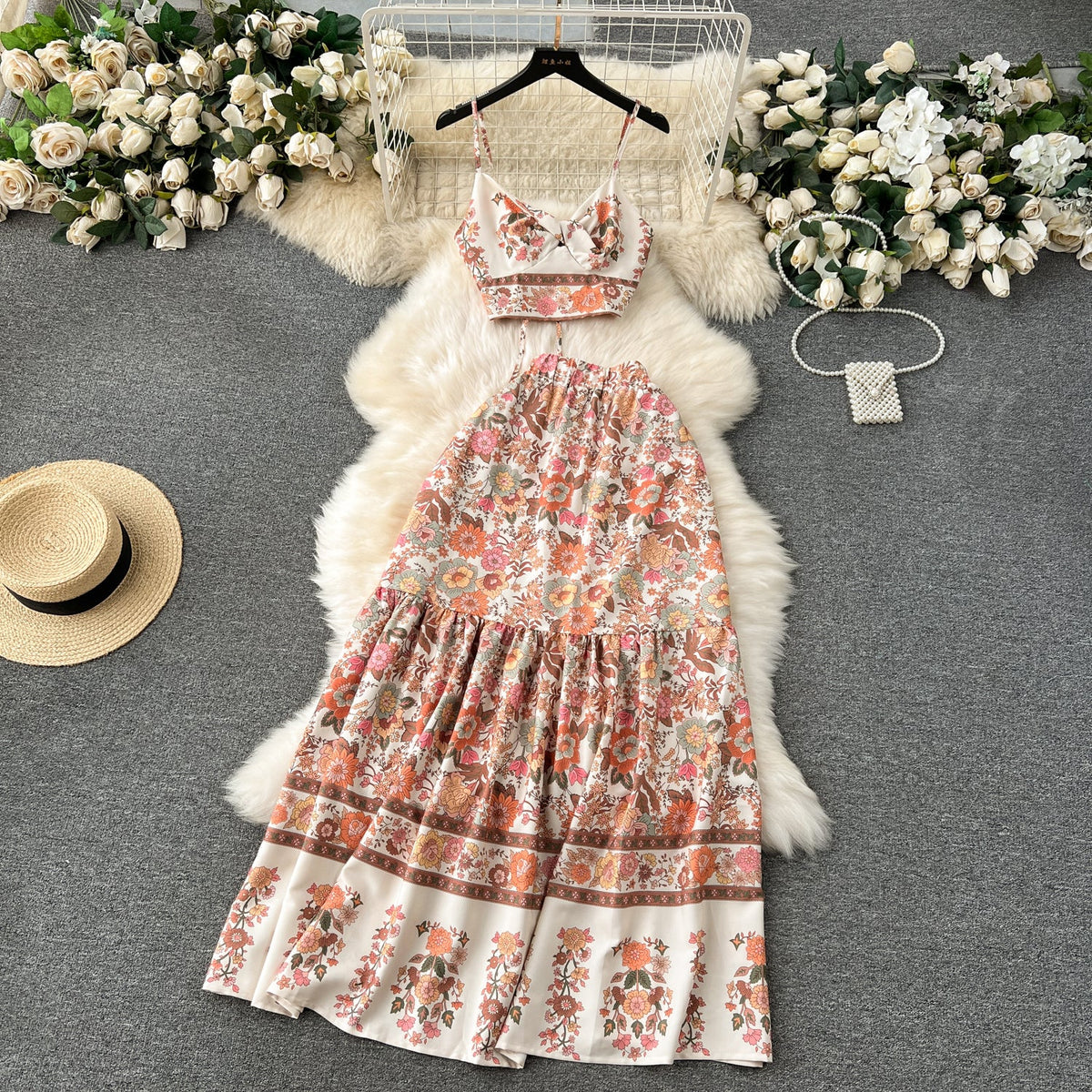 Bohemia Floral Camisole&Skirt 2Pcs