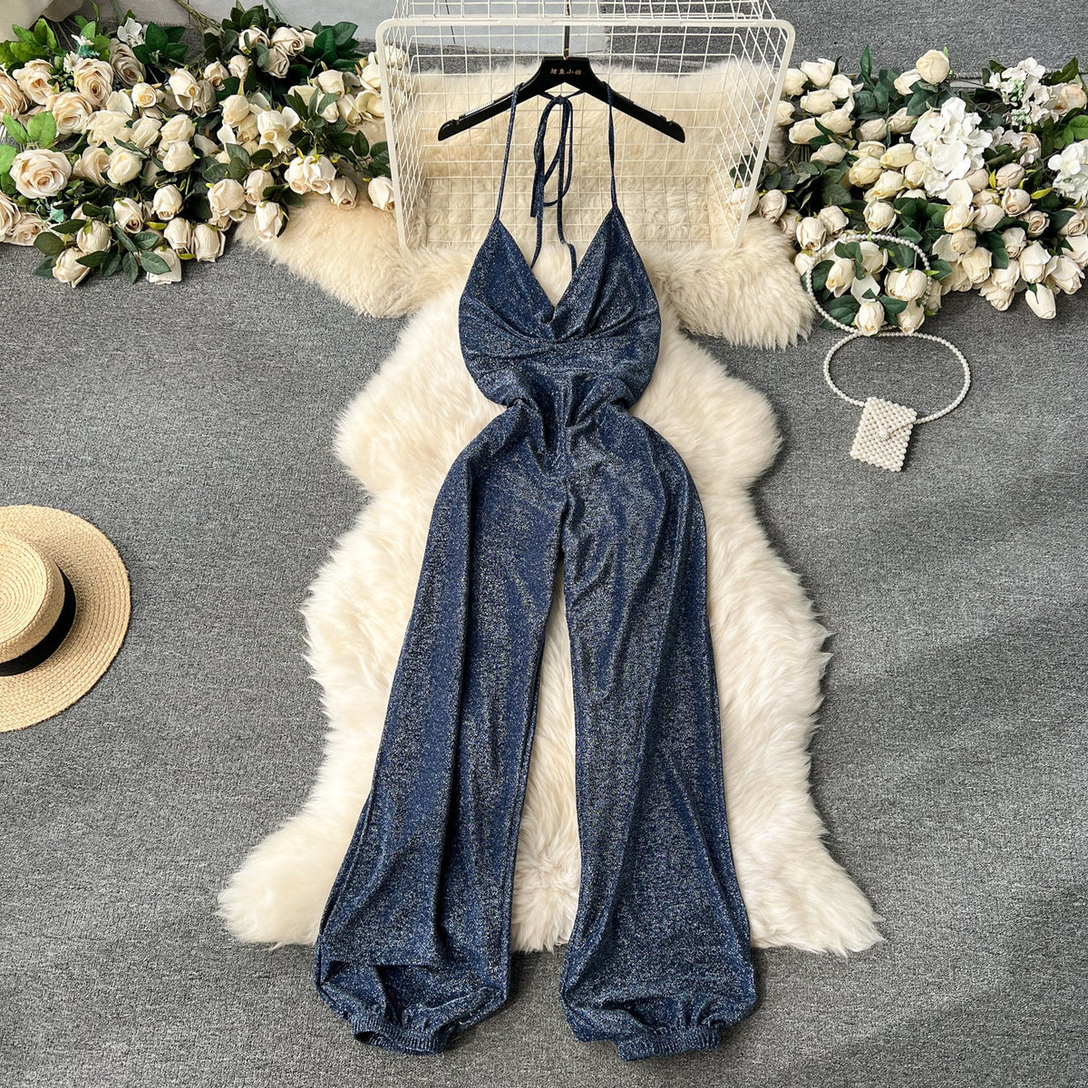 Draped Collar Backless Halter Jumpsuit