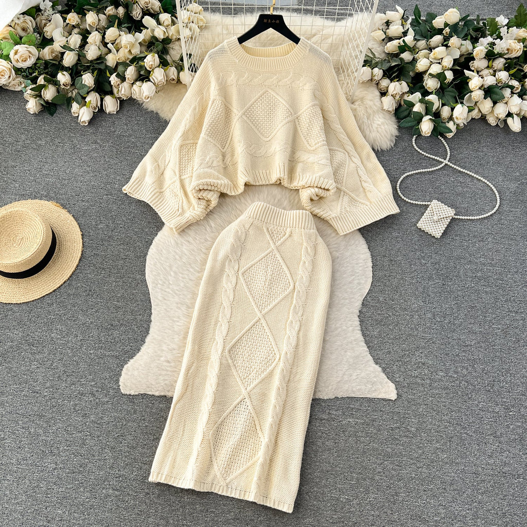Cable Sweater&Half-body Skirt 2Pcs