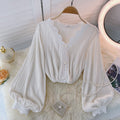V-neck Shirt With Pleated Lace And Pearl Buttons