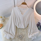 V-neck Shirt With Pleated Lace And Pearl Buttons