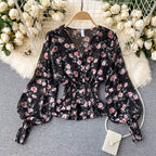 Chiffon Ruffle Trim V-neck Floral Top