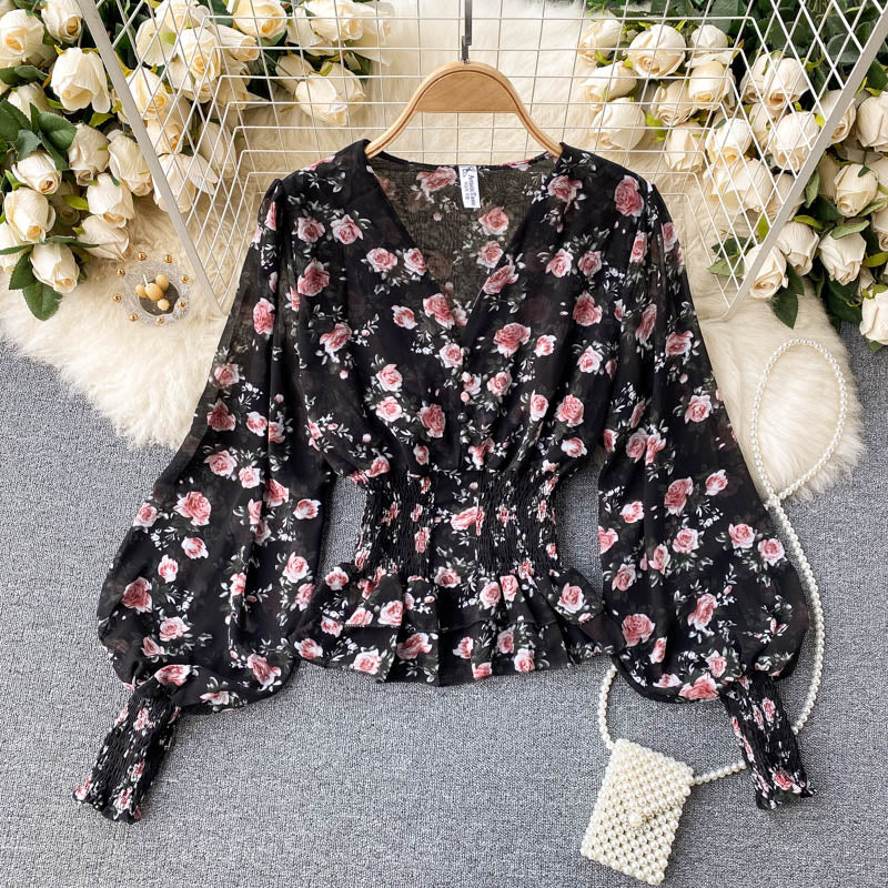 Chiffon Ruffle Trim V-neck Floral Top