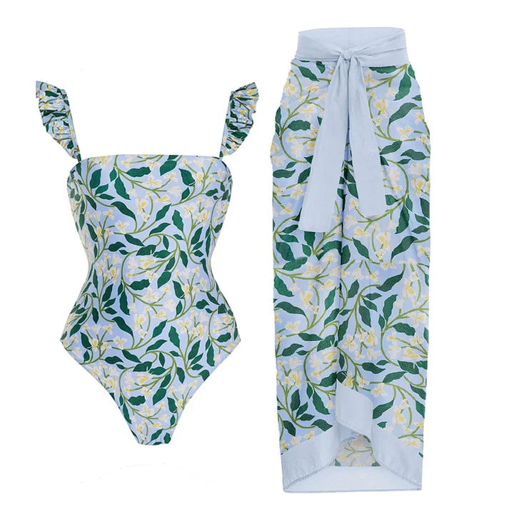 Ruffled Floral One-piece Swimwear&Skirt 2Pcs