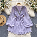 V-neck Beaded Ruffled Chiffon Dress