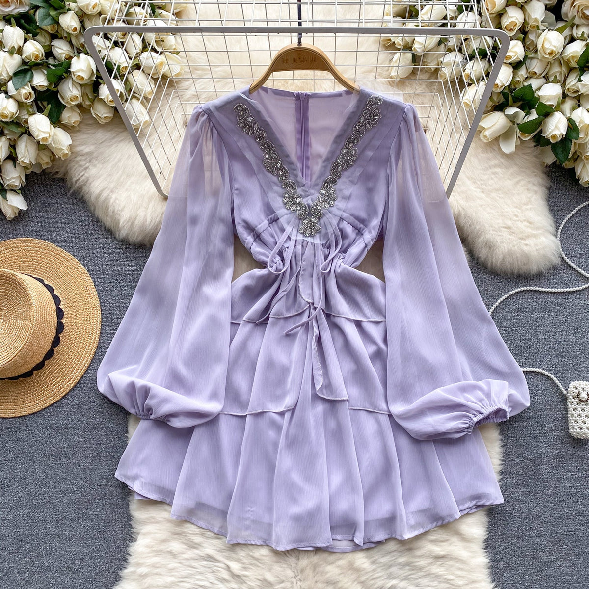 V-neck Beaded Ruffled Chiffon Dress