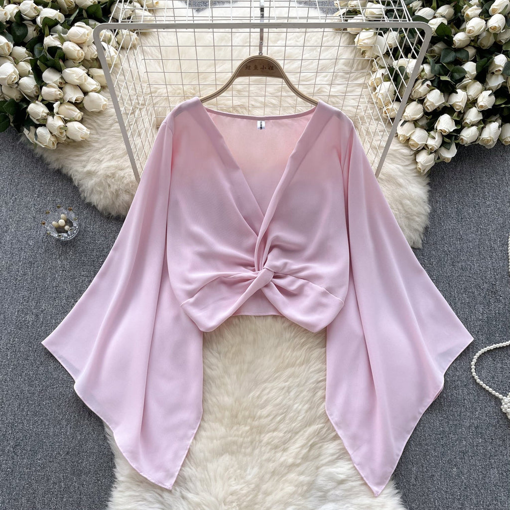 V-Neck Twisted Solid Color Chiffon Top