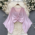 V-Neck Twisted Solid Color Chiffon Top