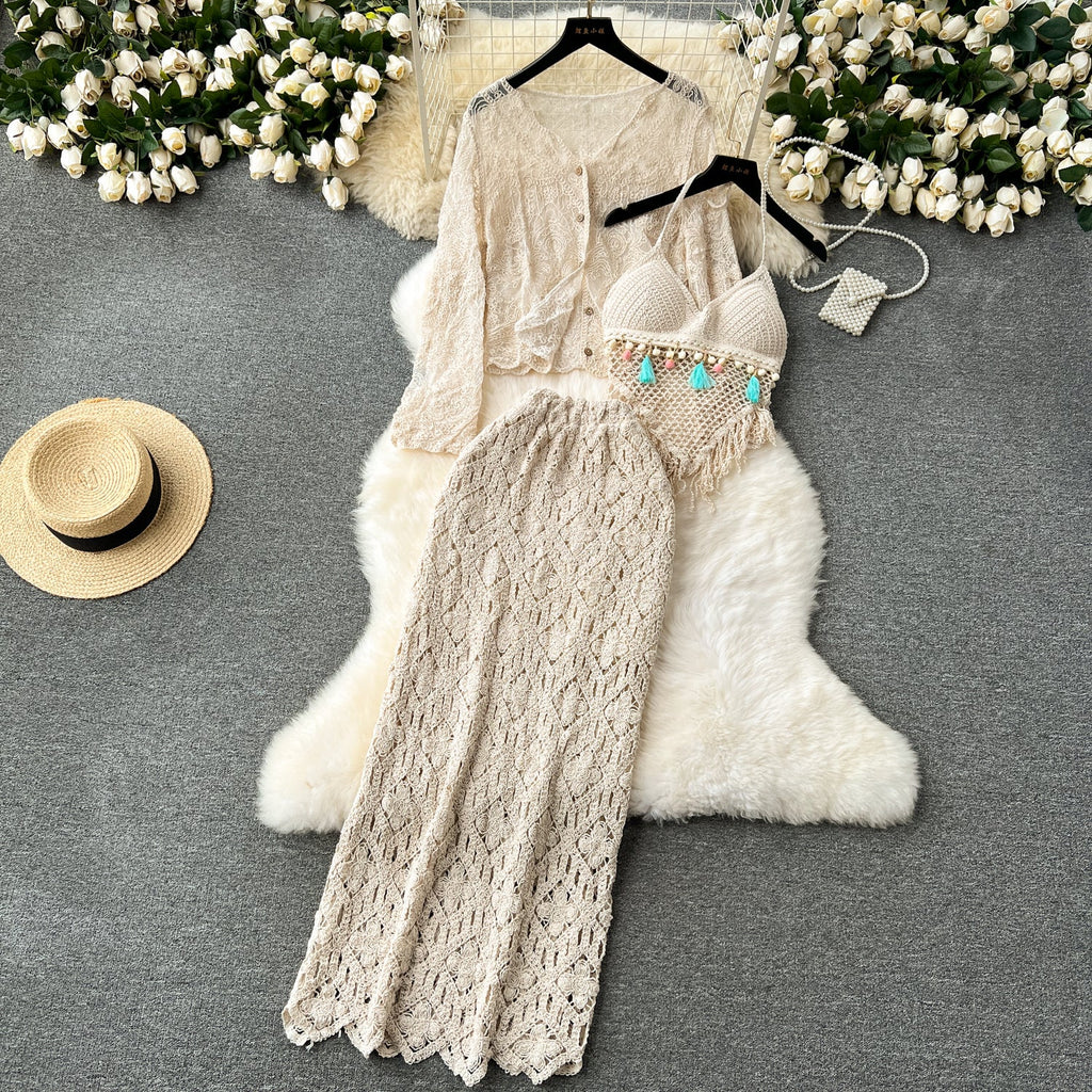 Cardigan&Camisole&Skirt Hollowed 3Pcs