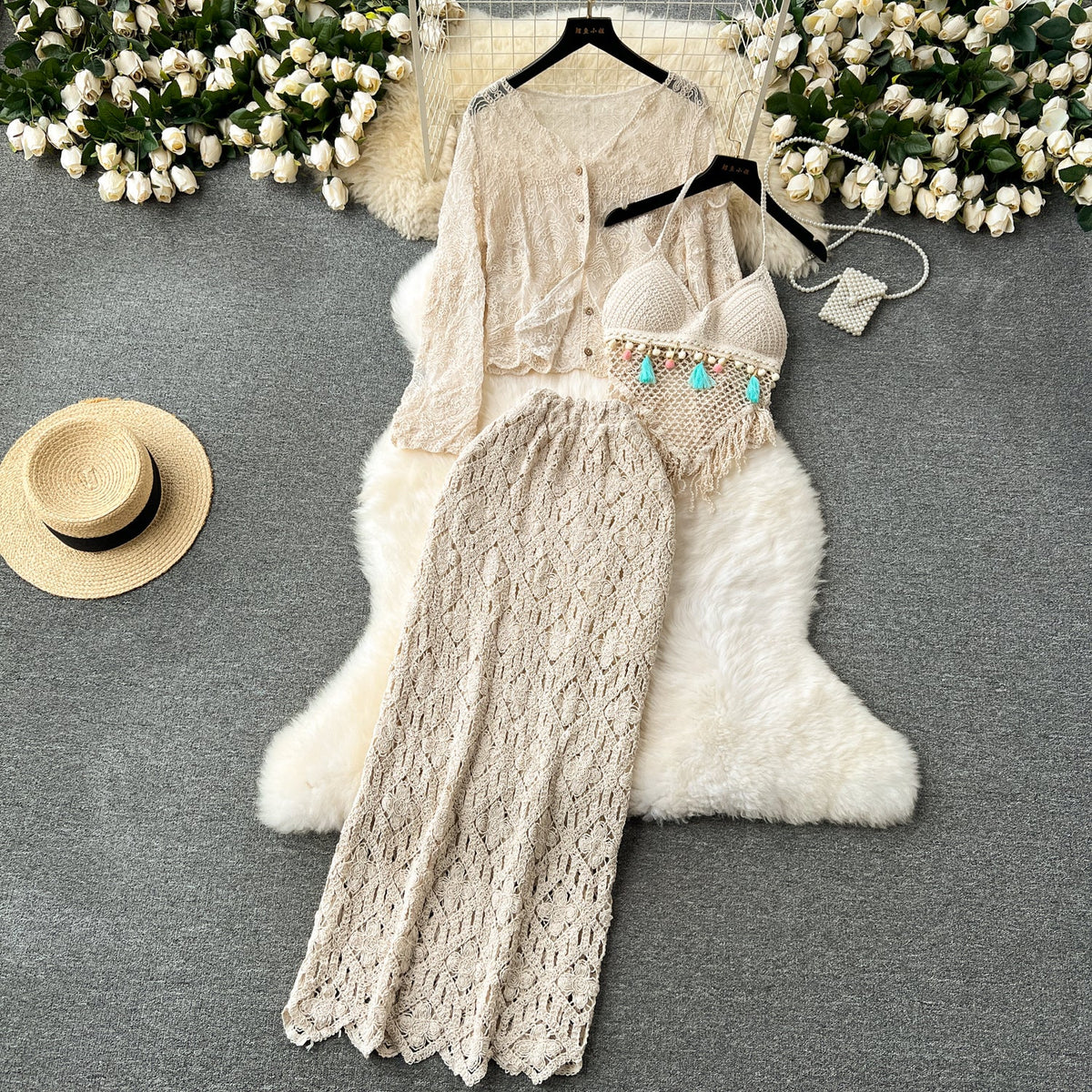 Cardigan&Camisole&Skirt Hollowed 3Pcs