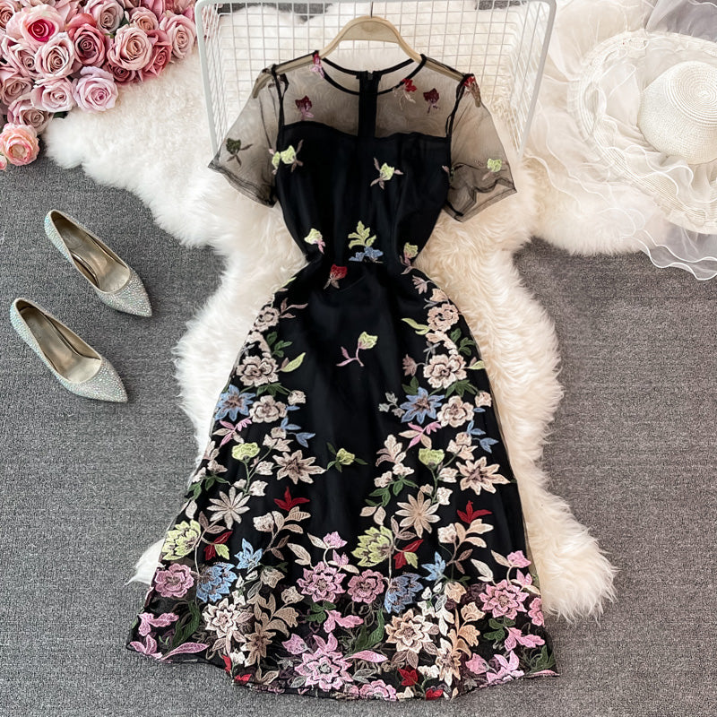 Embroidered Mesh Crew Neck Dress