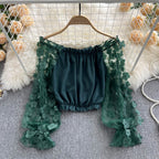 Off-the-shoulder Cropped Mesh Floral Top