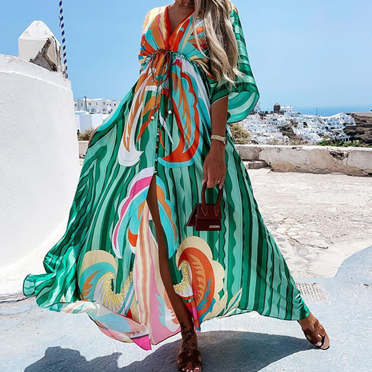 V-neck Printed Lace-up Beach Dress