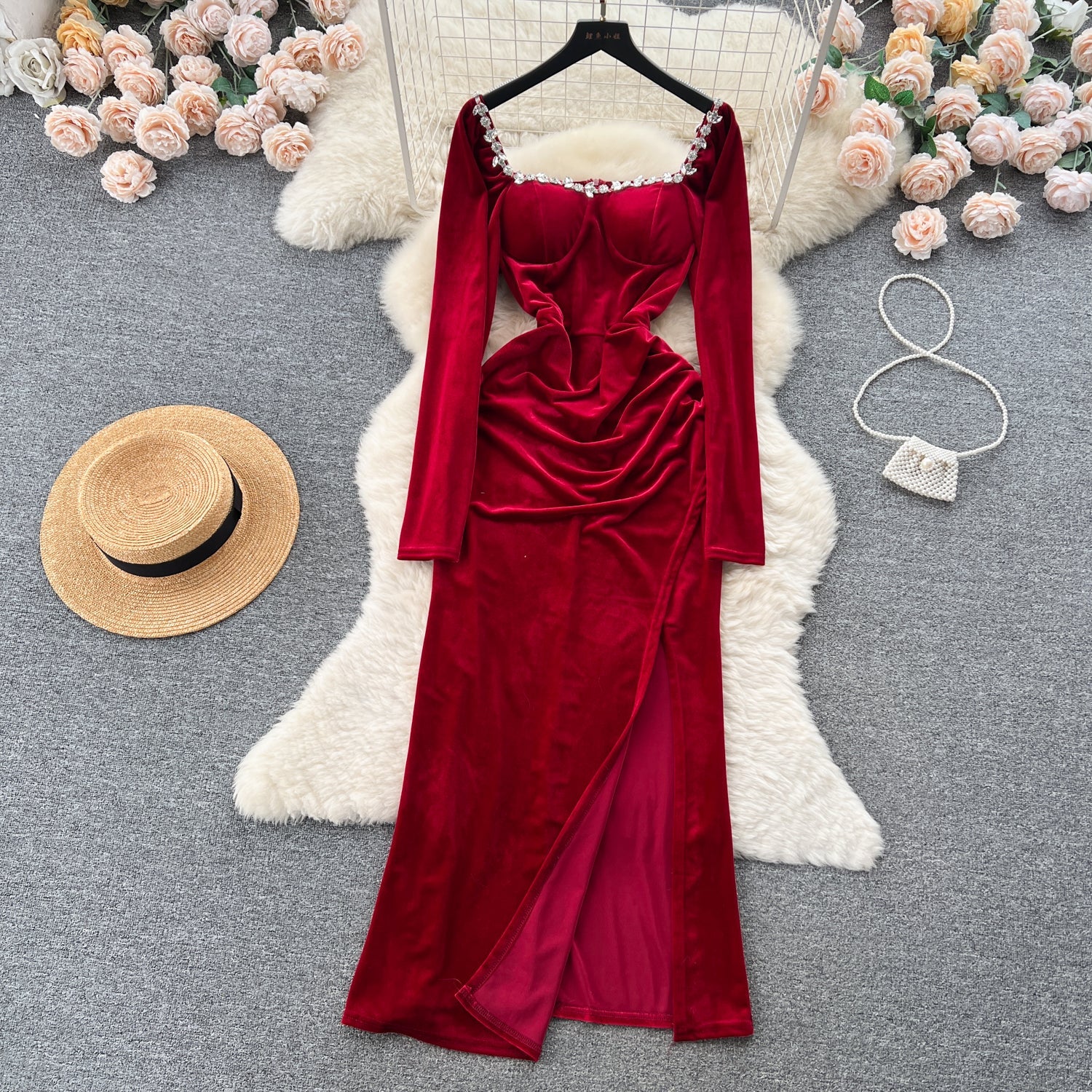 Vintage Rhinestone Studded Split Dress