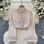 Flared Sleeve Solid Color Embroidered Shirt
