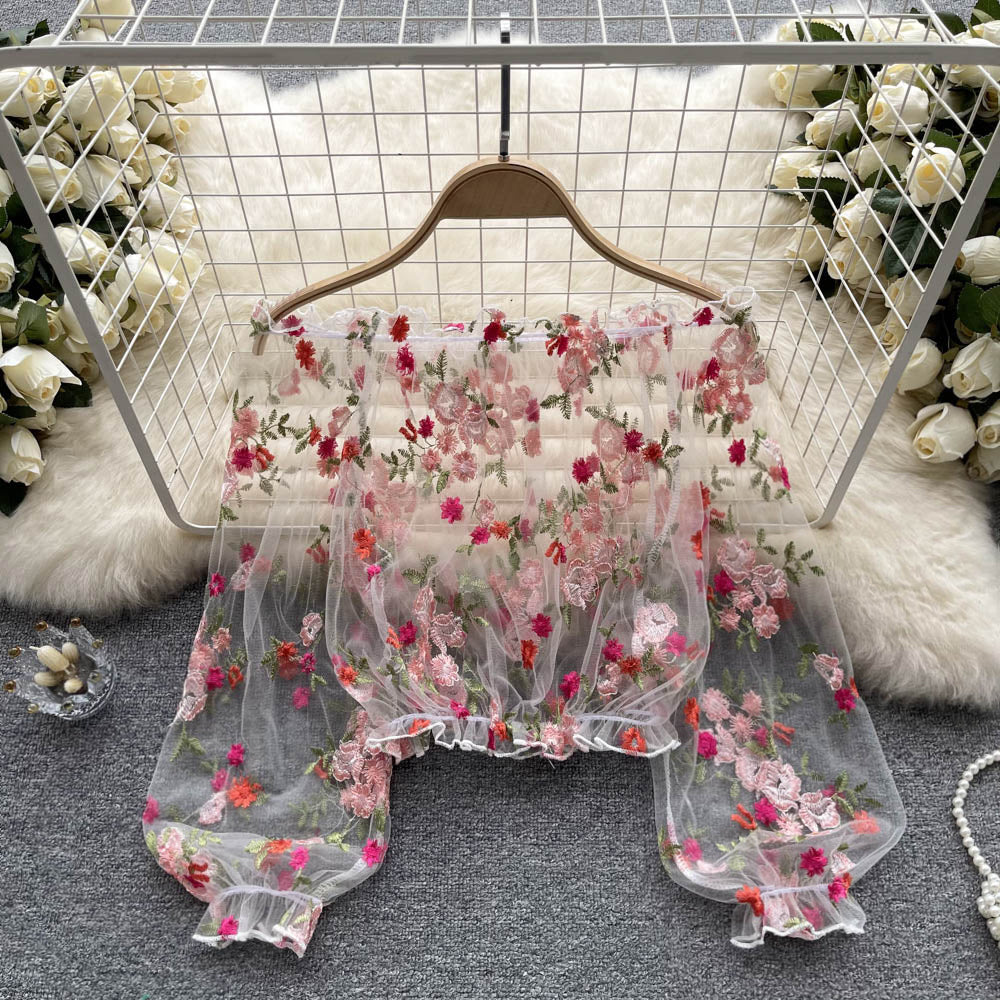 Off-shoulder Floral Embroidery Lace Top