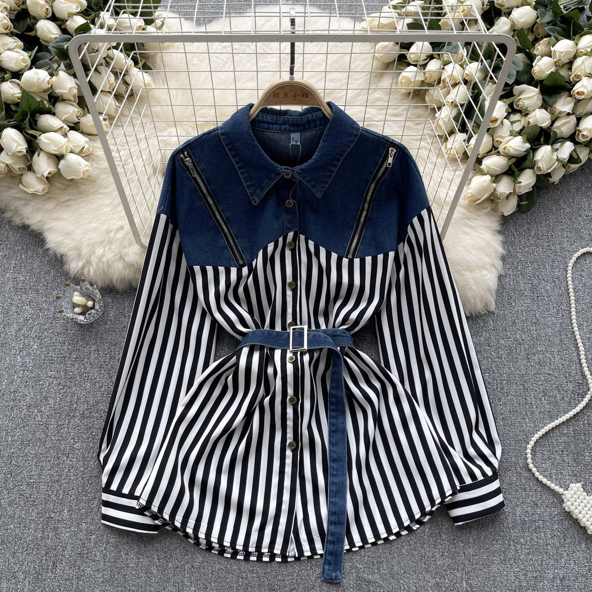 Niche Striped Patchwork Denim Shirt
