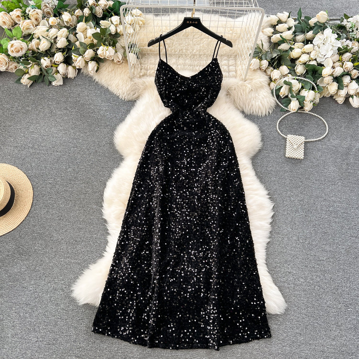 Sequined Backless Black Slip Dress