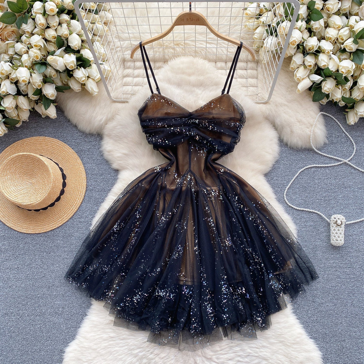 French Style Sequined Slip Mesh Dress